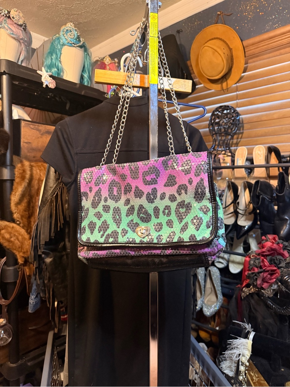Betsey Johnson Pink & Green Leopard Print Chain Shoulder Bag
